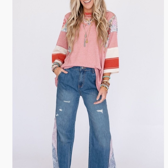 ❤️ Women’s Boho Patchwork Oversized Jersey Top Relaxed Fit Retro 90’s Y2K Shirt - Picture 4 of 4